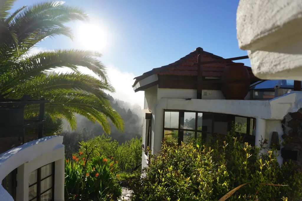 Ferienhaus El Refugio de la Hacienda: Patio mit Dattelpalme in der Abendsonne auf La Palma
